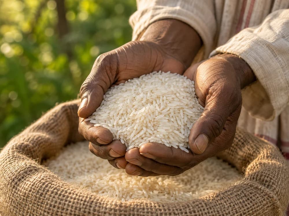 Rice grains held carefully in cupped hands