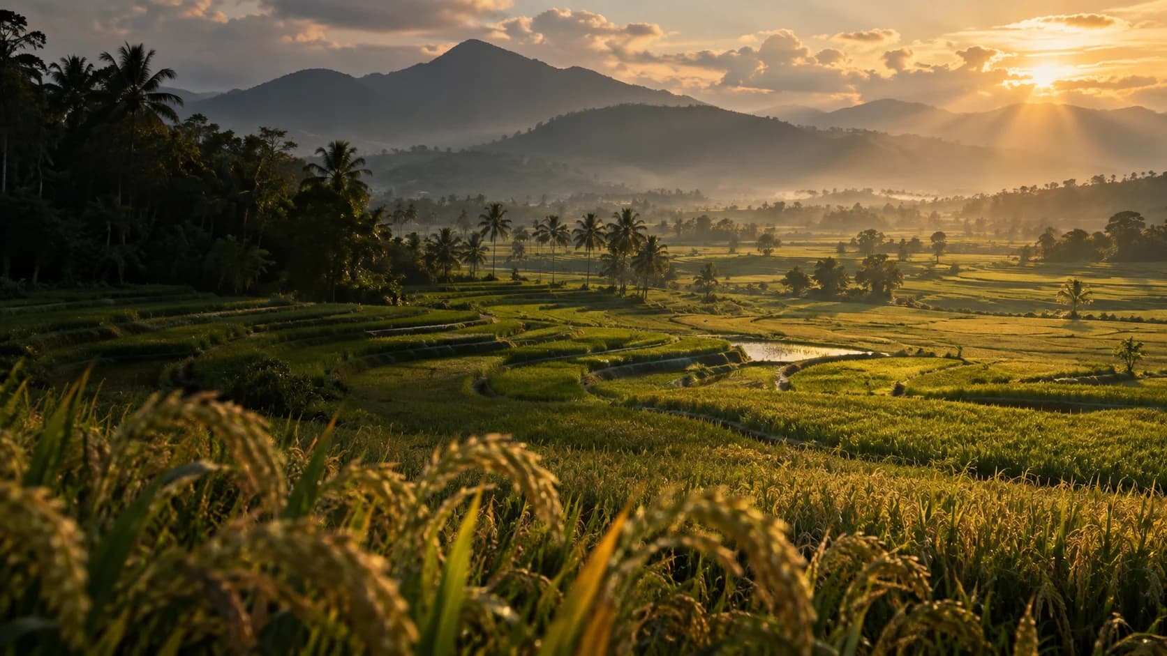 Golden morning light across lush South Indian rice fields and distant hills