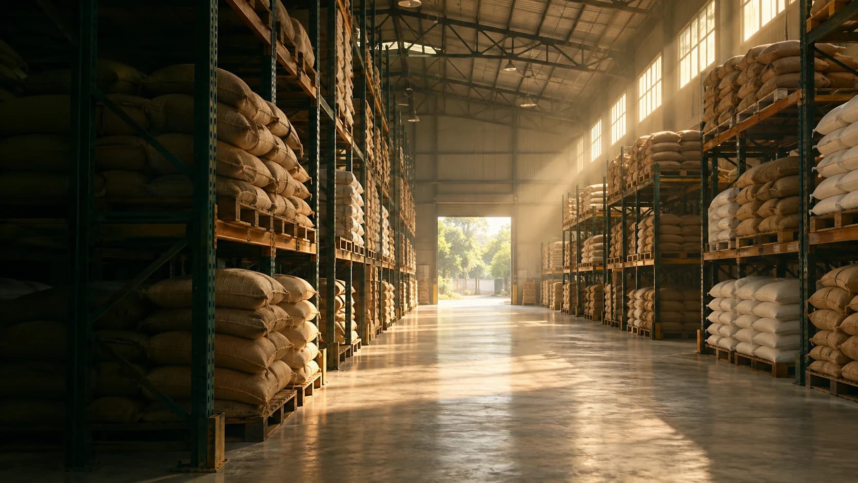Illustrative grain warehouse with orderly storage racks, sacks and a sunlit loading aisle